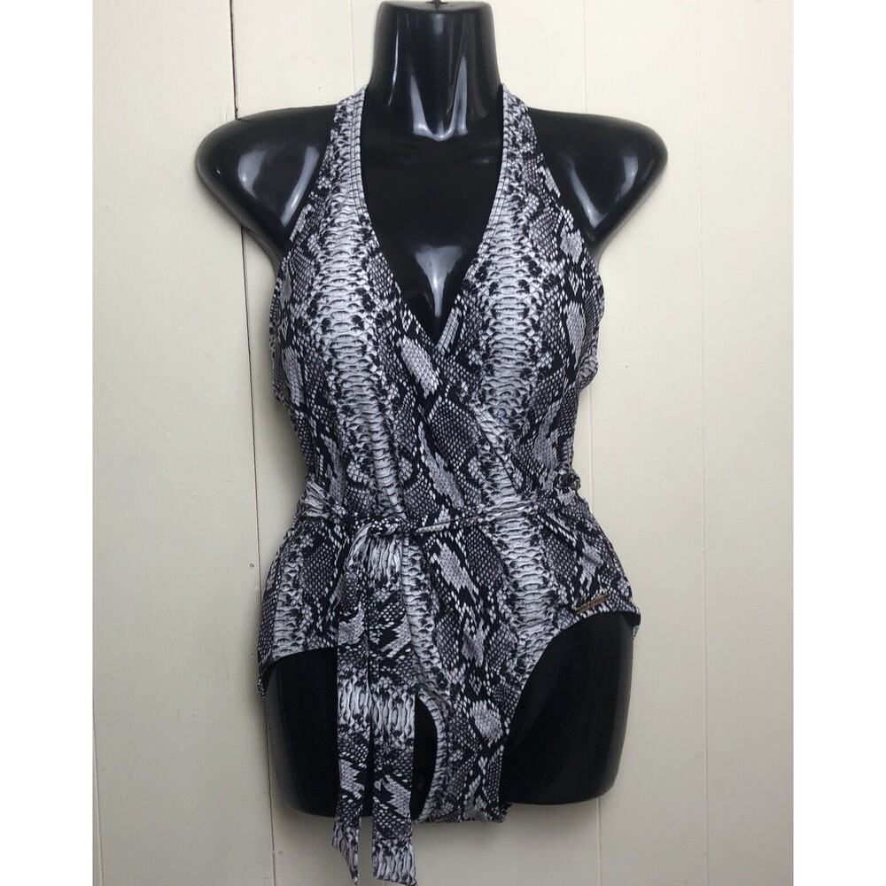 Vince Camuto Women's Snake Print  One Piece Swimsuit  Size 10 black V Neck  Wrap - Picture 2 of 9